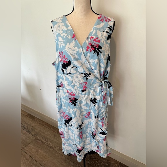 W Lane Frill Fern Dress Blue Pink Floral MIDI Faux Wrap Tie Waist SZ 20 NWT - Picture 1 of 12
